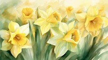 Beautiful Watercolor Desktop Background Of Yellow Daffodils In Bloom. Generative AI