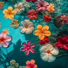 Blue clean water and red and yellow flowers exotic flowers