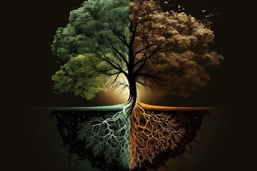 Tree and roots illustration, tree split in half with two colors, Generative AI