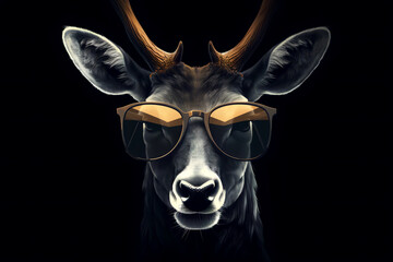 Wall Mural - Cool Deer with Sunglasses on Black Background Summer Generative AI