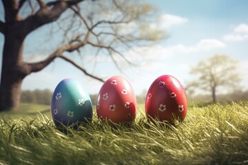 Wall Mural - easter eggs in grass