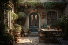 A Courtyard Scene With Table, Chairs, Planters, And A Doorway Depicted In A Painted Image. Generative AI