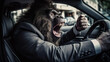 aggressiver Gorilla im Business Anzug voller Wut am schimpfen im Auto beim fahren im Straßenverkehr. Generative Ai.