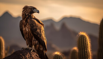 Sticker - Majestic hawk perching on tree branch, backlit generated by AI