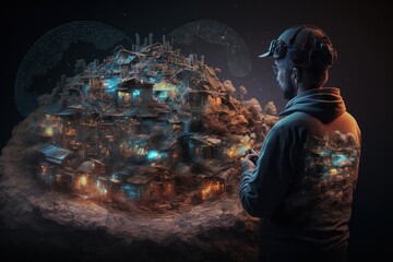 Wall Mural - Man with virtual reality headset and fantasy castle. Generative AI Illustration