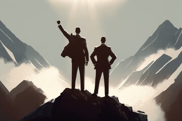 Businessman standing on top of the mountain. Success and victory concept. Generative AI Illustration