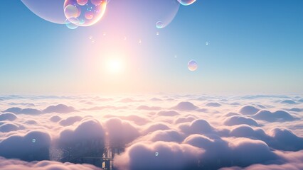 Wall Mural - A Wonderful View Of A City Surrounded By Clouds And Bubbles AI Generative