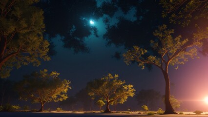 Wall Mural - A Dreamy Night Scene Of A Park With A Bench And Trees AI Generative