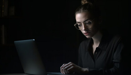 Wall Mural - Caucasian businesswoman working late on laptop indoors generated by AI