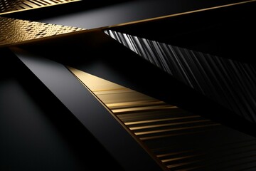 Luxurious black background with golden diagonal stripes and dynamic abstract grey gradient. Modern and trendy, this deluxe design is perfect for creating a sale backdrop. Generative AI