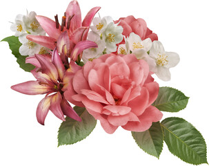 Wall Mural - Pink roses and lily isolated on a transparent background. Png file.  Floral arrangement, bouquet of garden flowers. Can be used for invitations, greeting, wedding card.