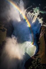 Wall Mural - (2:3) Colorful Serenity: A breathtaking aerial view of the tranquil towering waterfall with rainbows shimmering in the mist Afternoon during serene hours, with fantasy Generative AI