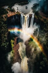 Wall Mural - (2:3) Fantasy meets colorful serenity in this beautiful aerial towering waterfall with rainbows shimmering in the mist Midday view featuring the tranquil hours Generative AI
