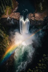 Wall Mural - (2:3) Majestic colorful towering waterfall with rainbows shimmering in the mist Midnight : A Stunning Aerial View with a Touch of Fantasy. Breathtaking Serenity Captured Generative AI