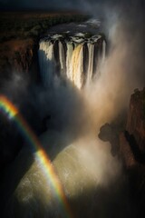 Wall Mural - (2:3) Fantasy meets colorful serenity in this beautiful aerial towering waterfall with rainbows shimmering in the mist Morning view featuring the tranquil hours Generative AI