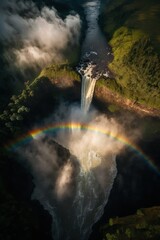 Wall Mural - (2:3) Colorful Serenity: A breathtaking aerial view of the tranquil towering waterfall with rainbows shimmering in the mist Sunrise during serene hours, with fantasy Generative AI