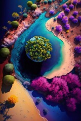 Wall Mural - (2:3) breathtaking aerial view of the colorful colorful, otherworldly planet with unique florand faunMidday captured during the serene hours, with a touch of fantasy Generative AI