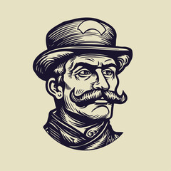 Wall Mural - Man with mustache and hat. Hand drawn vintage engraving style woodcut vector illustration.	