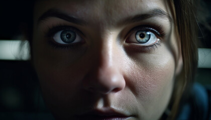 Poster - Young woman staring with sad brown eyes generated by AI