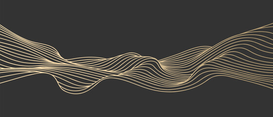 Vector abstract line art wavy smooth flowing dynamic gold gradient isolated black background in concept luxury, wave, ocean