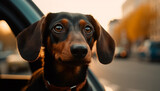 Fototapeta Zwierzęta - Cute purebred puppy sitting in car, looking out generated by AI