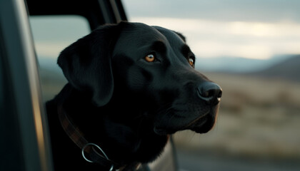 Sticker - Cute puppy sitting in car, looking outdoors generated by AI