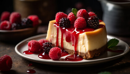 Wall Mural - Fresh berry cheesecake, a gourmet summer indulgence generated by AI