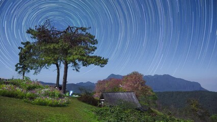 Wall Mural - 4k time-lapse video motion. beautiful of doi luang chiang dao mountains at night and star trails, do