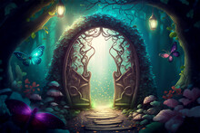 Fantasy Enchanted Fairy Tale Forest With Magical Secret Door. Digital Illustration, Generated AI