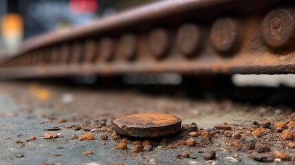  Tiny insignificant piece of rusty metal on a subway platform