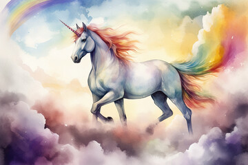 Illustrate a magical watercolor of a unicorn with a rainbow-colored mane and tail, standing among the misty clouds, Generative Ai