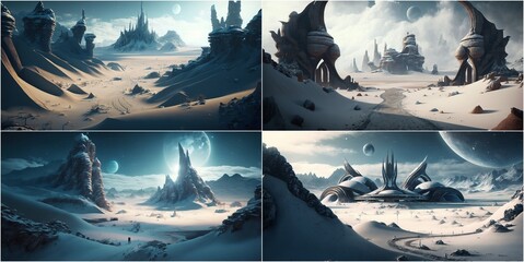 Wall Mural - wide open plan of the vast snowy expanse, beautiful icy surreal alien landscape, mysterious alien pl