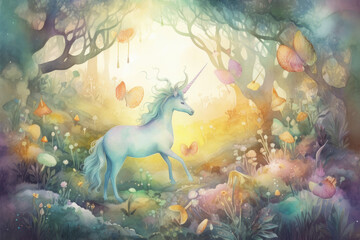 Wall Mural - Illustrate a watercolor scene of a unicorn and a fairy dancing together in a magical garden filled with glowing mushrooms