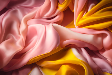 Silk pink and yellowish crumpled texture for background. Generative AI.