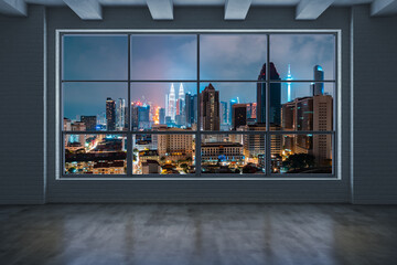 Empty room Interior Skyscrapers View Malaysia. Downtown Kuala Lumpur City Skyline Buildings from High Rise Window. Beautiful Expensive Real Estate overlooking. Night time. 3d rendering.