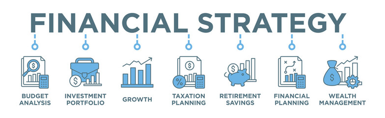 Poster - Financial strategy banner web icon vector illustration concept with icon of budget analysis, investment portfolio, growth, taxation planning,retirement savings, financial planning, wealth management 