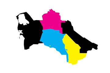 Turkmenistan political map of administrative divisions - regions and capital city district of Ashgabat. Blank vector map in CMYK colors.