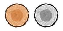 Round Tree Trunk Cuts In Various Colors, Sawn Pine Or Oak Slices, Lumber. Saw Cut Timber, Wood. Brown Wooden Texture With Tree Rings. Hand Drawn Sketch. Vector Illustration