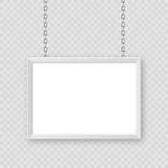 Wall Mural - White signboard hanging on a metal chain. Restaurant menu board. Modern poster mockup. Blank photo or picture frame. Advertising or presentation board. Street banner. Vector illustration