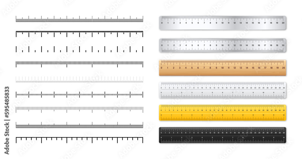 Realistic metal and plastic rulers. Measurement scales with divisions ...