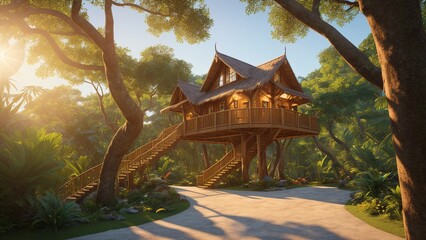 A Tasteful Tree House With Stairs Leading To A Walkway AI Generative