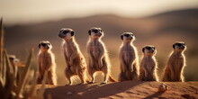 Group Of Meerkats Standing On Their Hind Legs, With A Desert Landscape And Distant Mountains In The Background. Generative AI