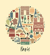 Circle Shaped vintage symbols of Paris. A set of vector illustrations