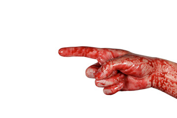Fototapeta bloody hand points finger isolated on a white, concept of murder, violence, halloween