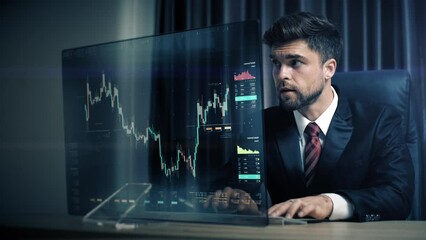 Fototapete - A businessman analyzing stock market, crypto trading, info graphic with animated graphs, charts and data numbers insight on a transparent monitor display screen. Business concept