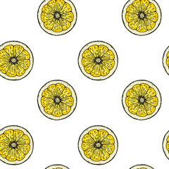 Wall Mural -  Lemon slice seamless pattern. Colorful hand drawn vector illustration in sketch style. Tropical exotic citrus fruit summer background