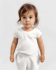 Happy toddler wearing white dress. Mockup base isolated on white background.