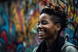 Fototapeta Londyn - a black woman smiling at a graffiti wall - Generative AI