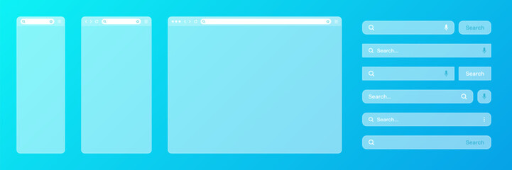 Blank transparent internet browser window with various search bar templates. Web site engine with search box, address bar and text field. UI design, website interface elements. Vector illustration
