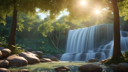 Wall Mural - A Remarkable View Of A Waterfall In A Tropical Jungle With Rocks And Trees AI Generative